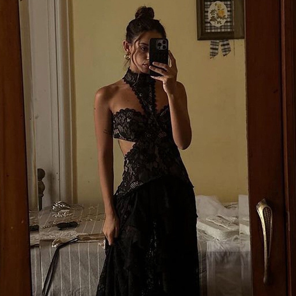 12th Tribe Princesa Black Lace Drop Waist Maxi Dress Size SS